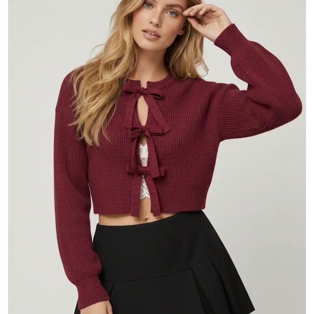Cider Cardigan Women XL Maroon Tie Front Bow Ribbed Knit Cropped Sweater